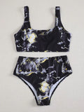 Women's marble tie-dye printed high-waist bikini with U-neck top in multiple colour variations