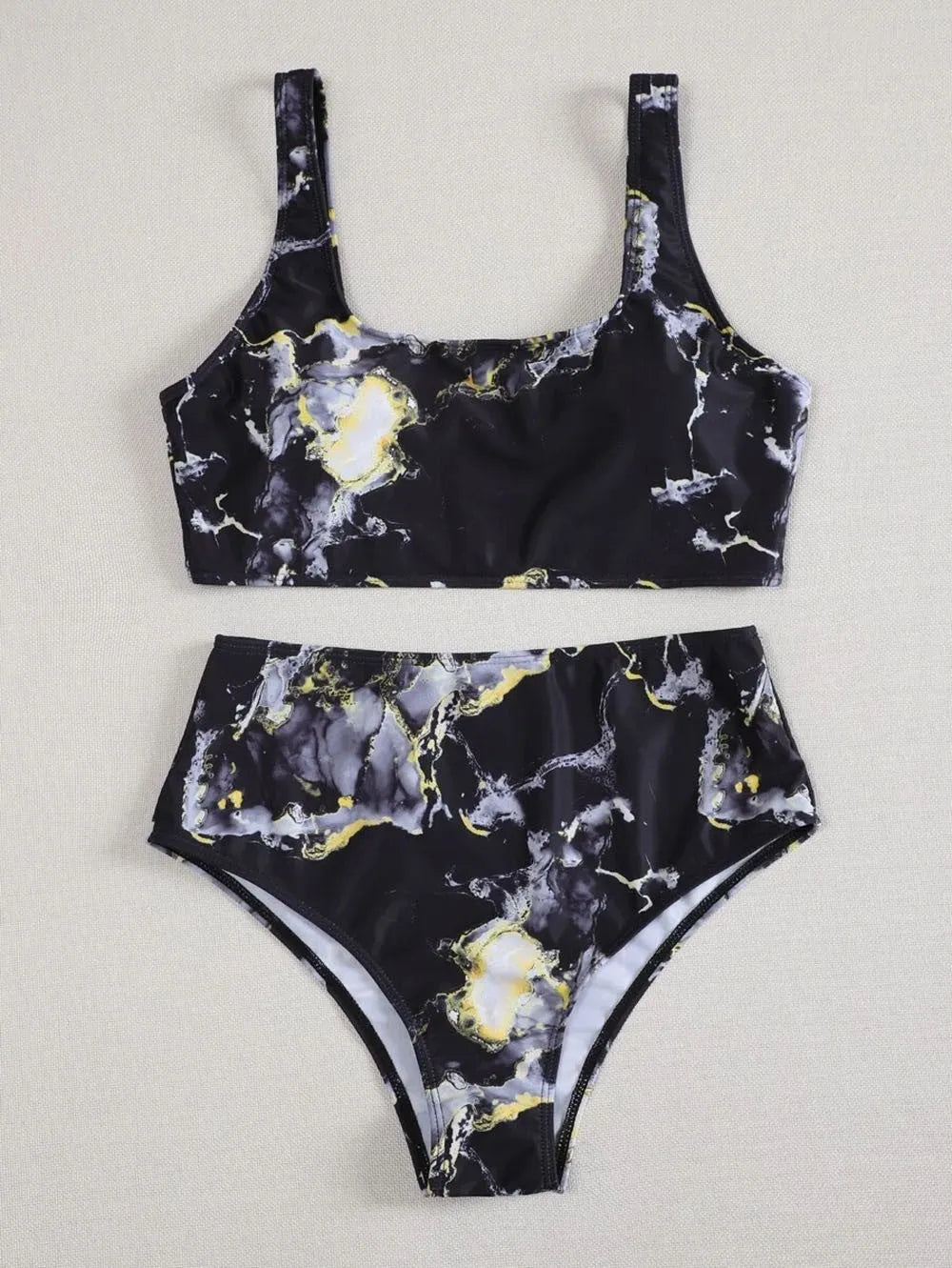 Women's marble tie-dye printed high-waist bikini with U-neck top in multiple colour variations