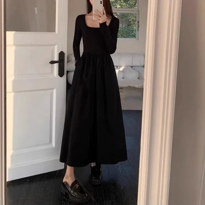 Black or grey square collar knitted dress with elastic waist and long A-line skirt
