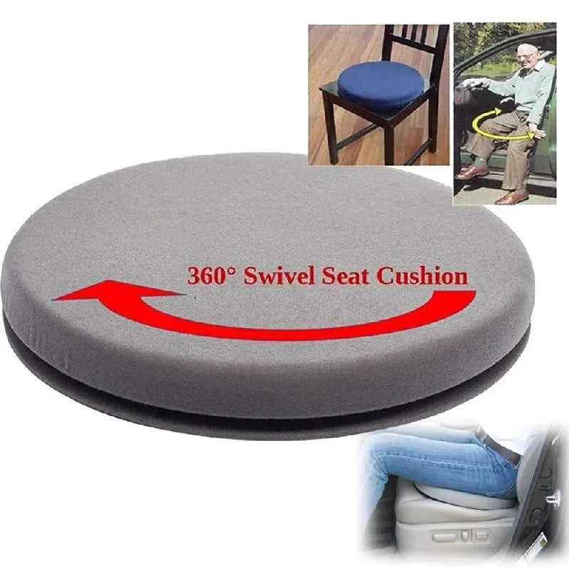 Circular grey rotating car seat cushion for elderly passengers on a car seat
