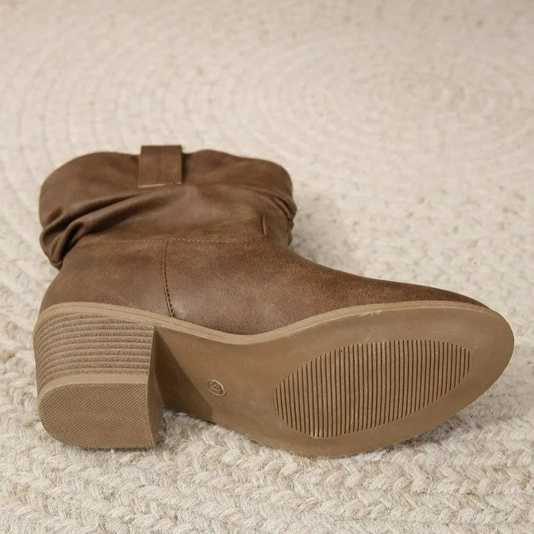 Retro tassel boots winter thick square heel mid-calf knight western woman dark brown faux leather