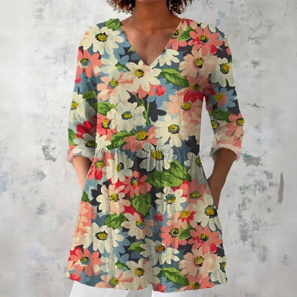 Women's long-sleeved polyester top in retro slim fit with digital print design.