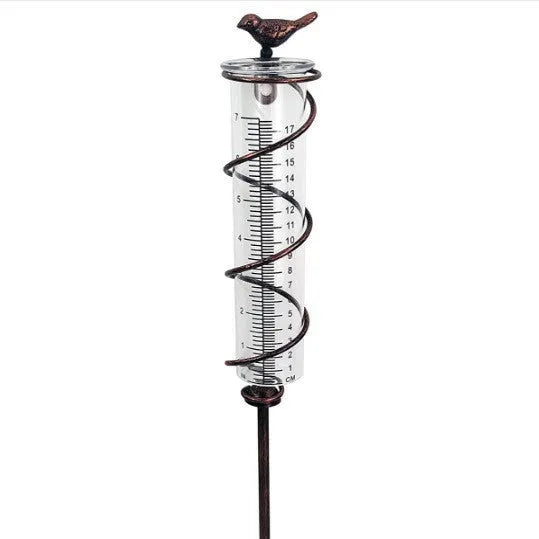 Cast iron bird-shaped outdoor rain gauge with glass measurement tube showing 0-800ml capacity scale.