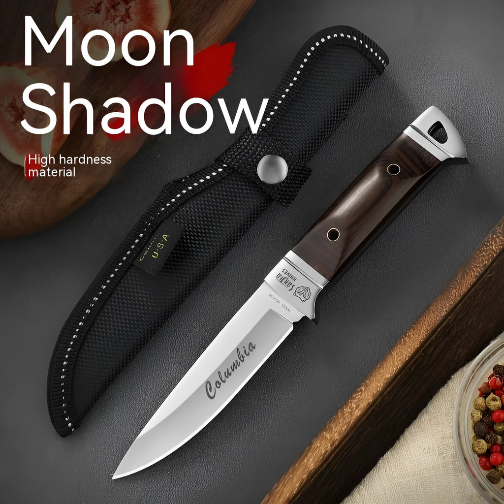 National style stainless steel camping fruit knife shown with its brown leather protective case.