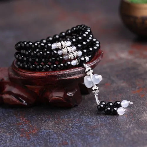 Natural black agate 108 beads bracelet geometric shape unisex fashion OL accessory