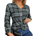 Women's purple, grey, and red plaid loose-fit casual shirt with regular sleeves.