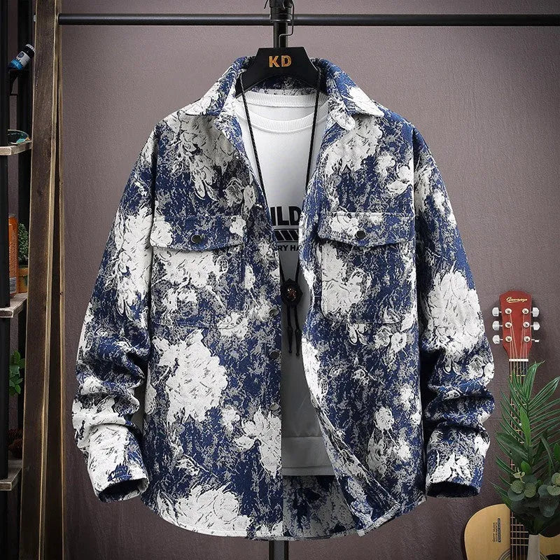 Casual lapel shirt coat with straight hem in polyester fabric, showing front view