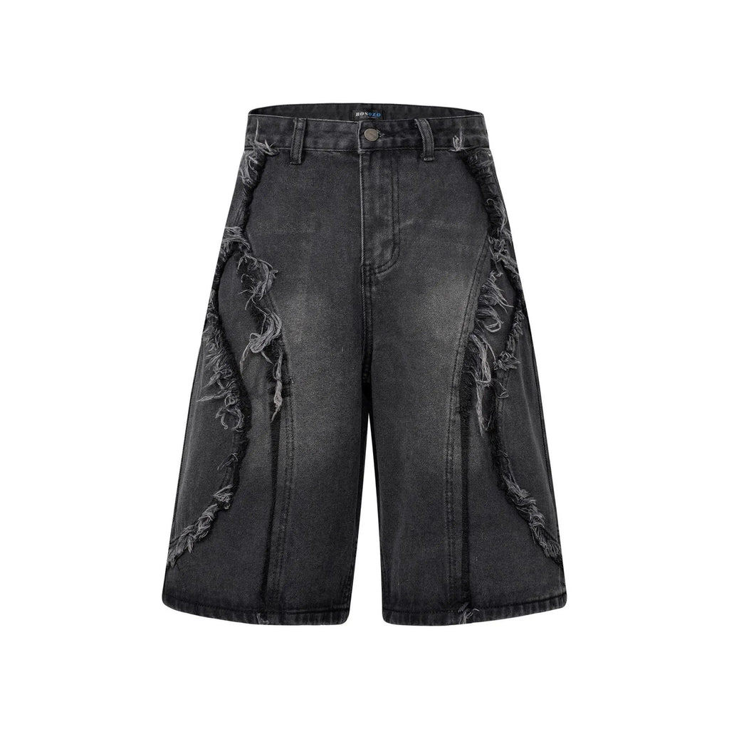 Distressed raw edge denim shorts in black, dark blue, and light blue colours