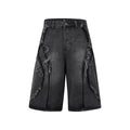 Distressed raw edge denim shorts in black, dark blue, and light blue colours