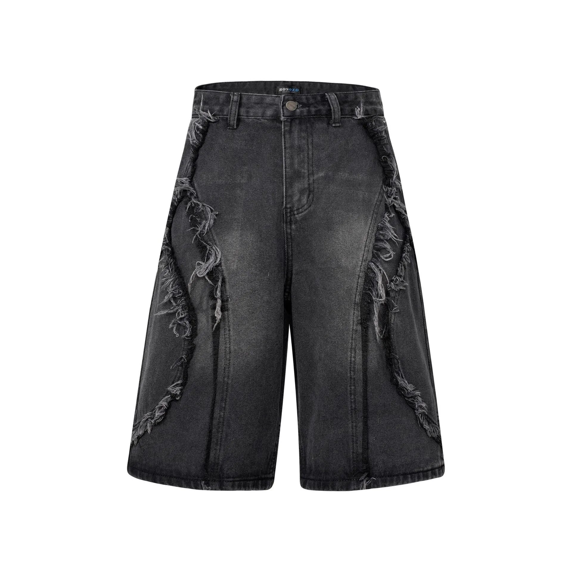 Distressed raw edge denim shorts in black, dark blue, and light blue colours