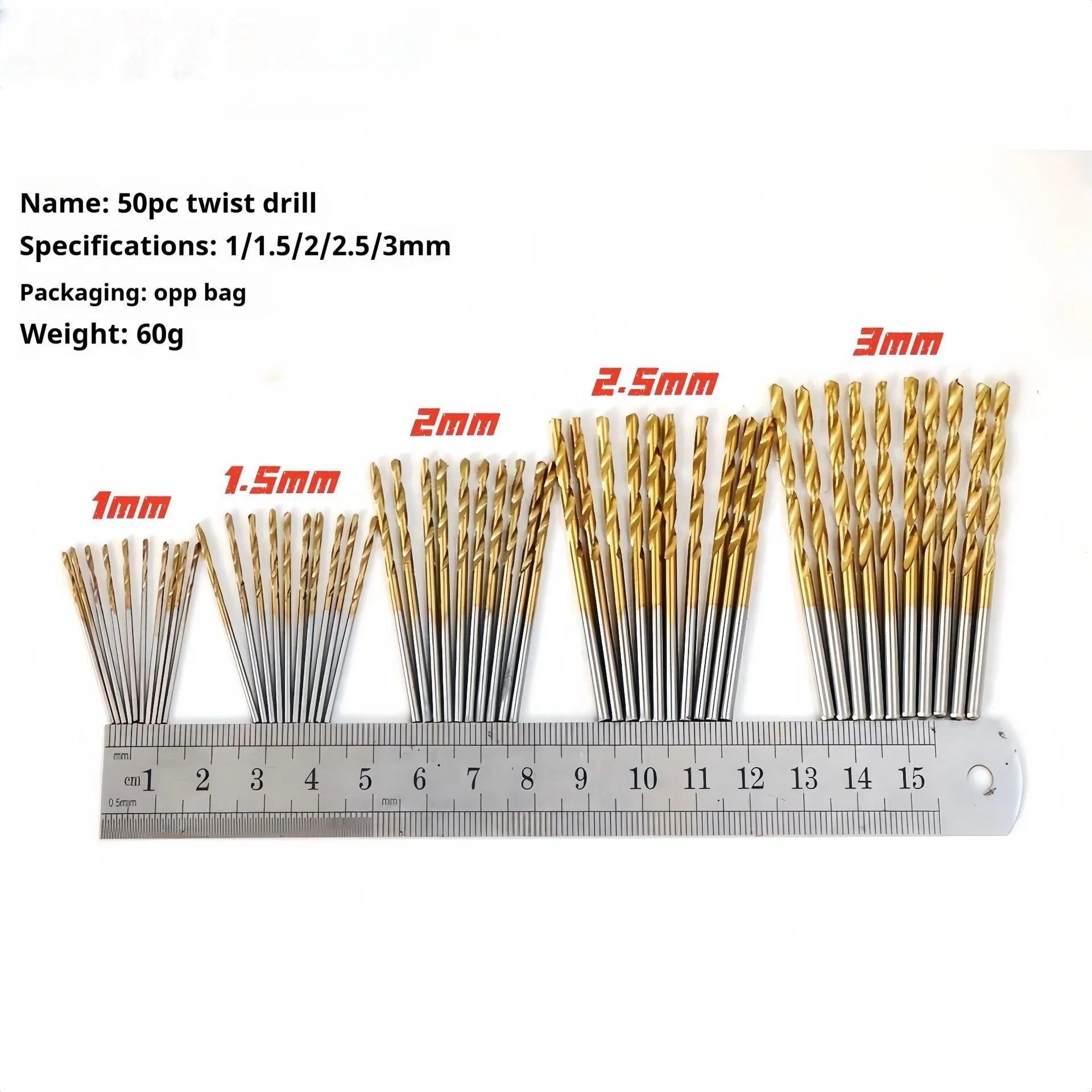 50 piece twist drill set with HSS titanium coated bits from 1mm to 3mm in storage case