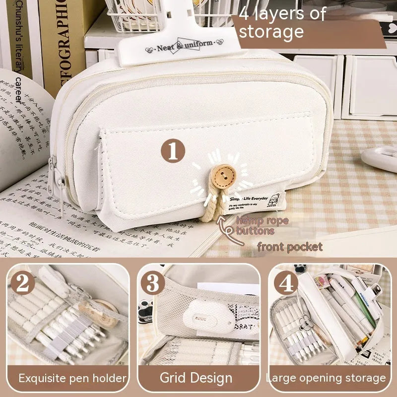 Green Korean-style canvas pencil case open, showing large capacity for pens and stationery.