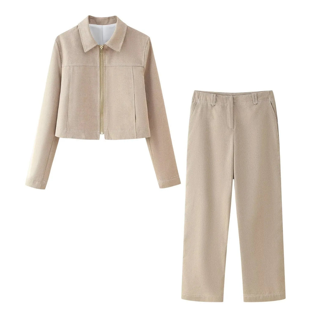 Women's herringbone pattern summer suit with 3D embroidery on jacket and matching trousers
