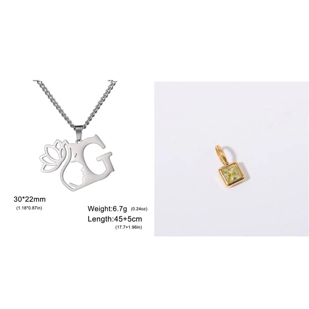 Stainless steel letter necklace with cross chain design and single pendant in gold or silver electroplated finish