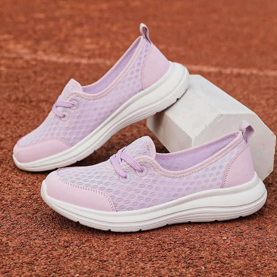 Women's lace-up mesh sneakers in solid colour, round toe low-top design with MD sole