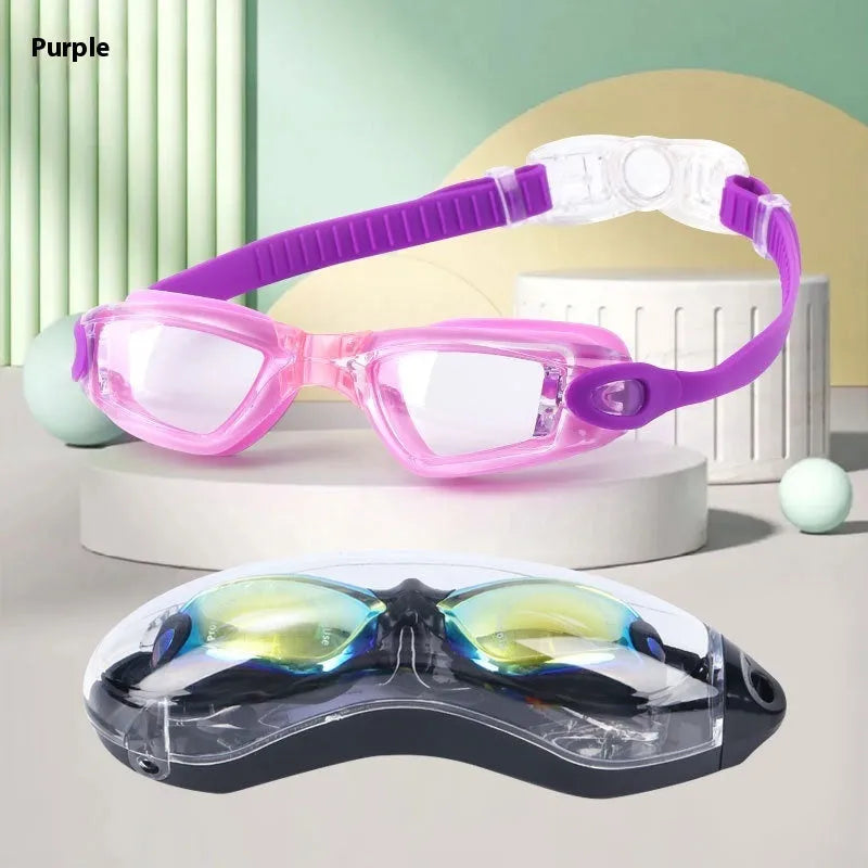 Children's large frame anti-fog swimming goggles in blue with silicone straps and glasses case