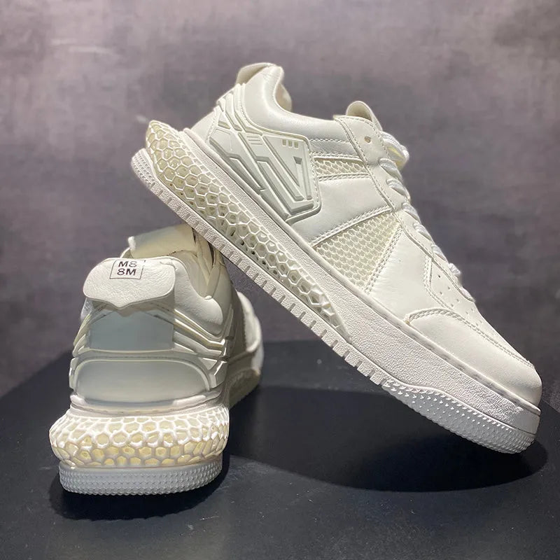 Men's summer leather breathable casual shoes in white with lace-up closure and rubber sole