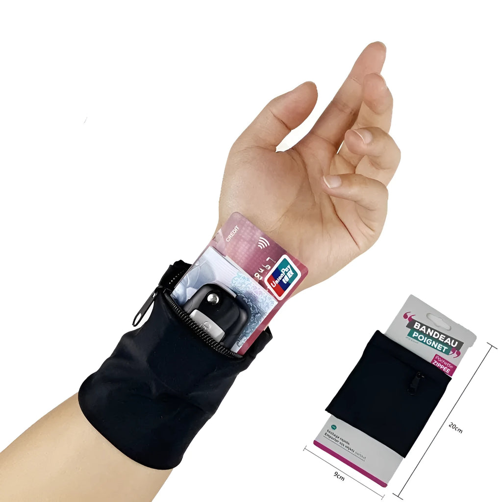 Black wrist bag armband sleeve for mobile phone, shown on an arm, dimensions 10cm by 10.5cm.