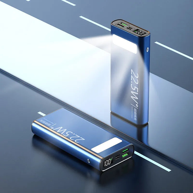 Alloy 22.5W super fast charging 20000mAh power bank in four colour options showing LCD display.