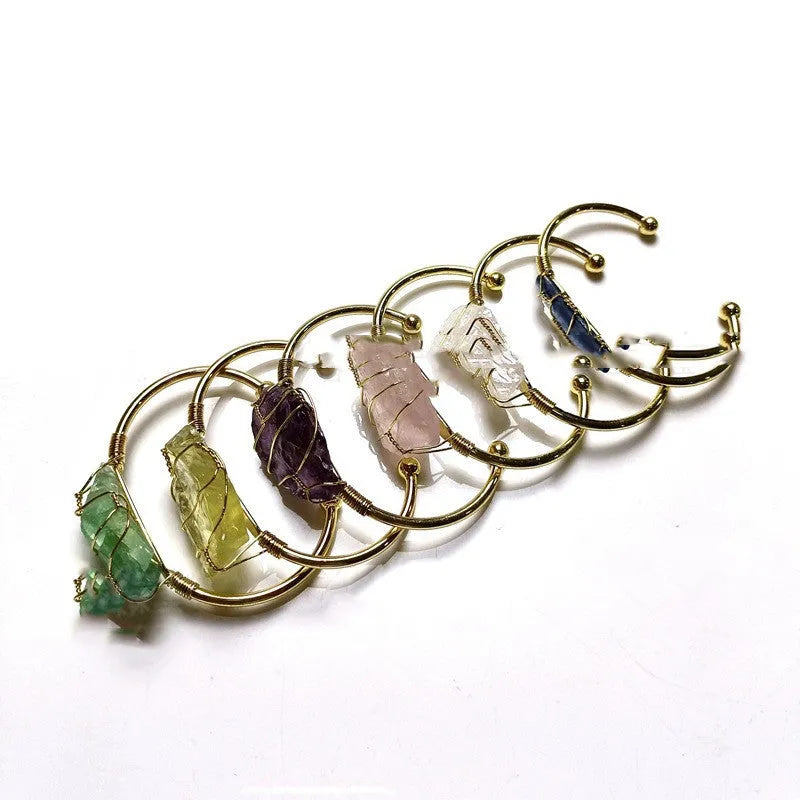 Natural crystal rough stone bracelet with gold winding geometric design in bohemian ethnic style