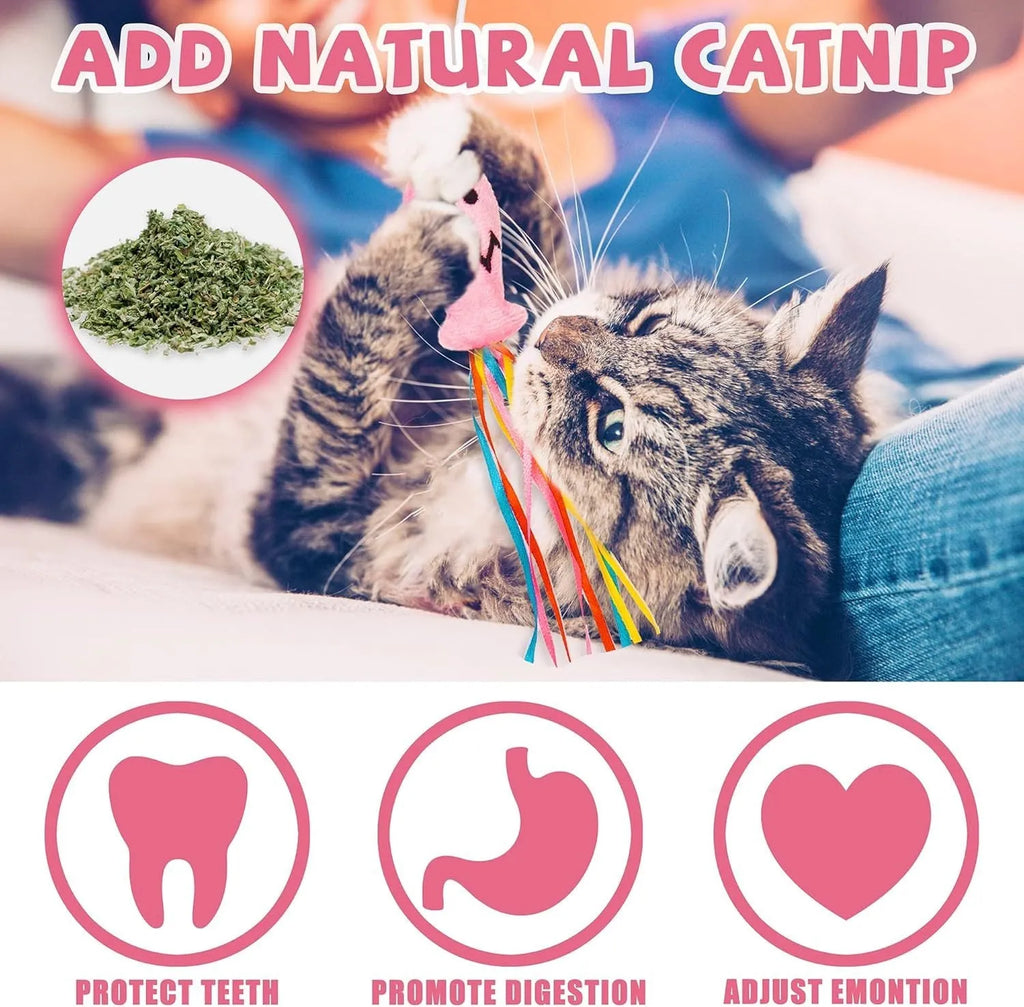 Colourful cat wand toy with ribbons, catnip fish, and bell on wooden handle
