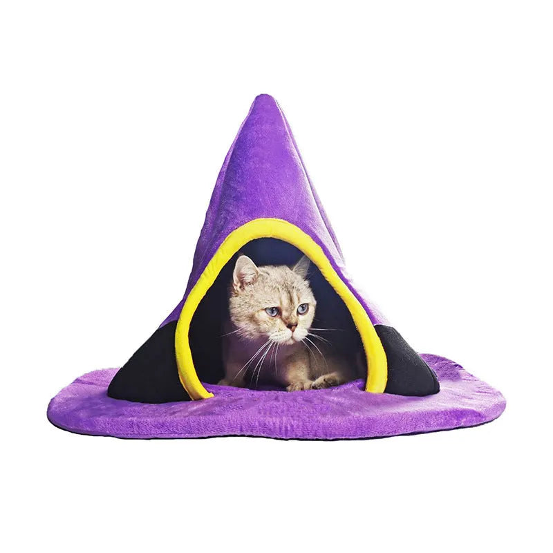 Purple Halloween witch hat shaped cat bed for cats with soft cloth fabric