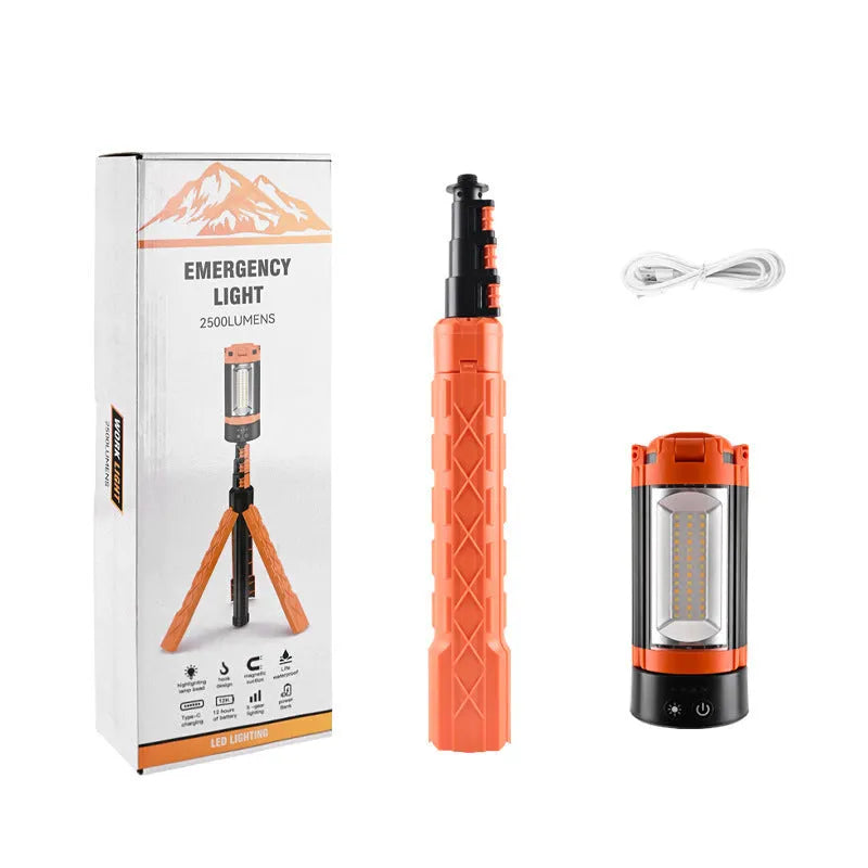Retractable folding charging camping lantern with bracket in black and orange for outdoor lighting