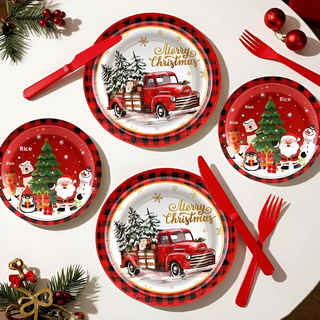 Disposable tissue paper pallet 10-pack with 7-inch and 9-inch cartoon-style paper plates for Christmas parties