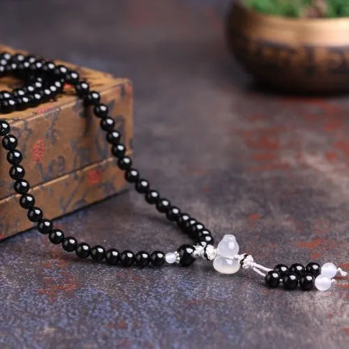 Natural black agate 108 beads bracelet geometric shape unisex fashion OL accessory
