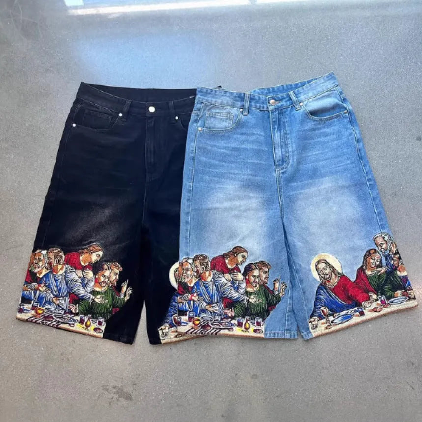 Blue men's tapered cotton shorts with a Jesus print on the back pocket