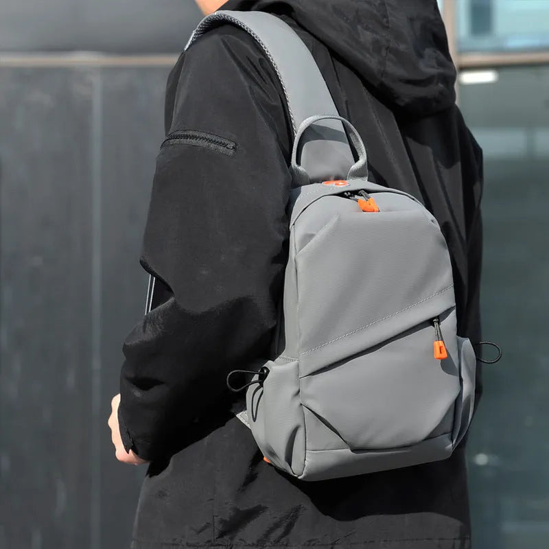Mens casual single shoulder crossbody bag in waterproof polyester, black and grey colours