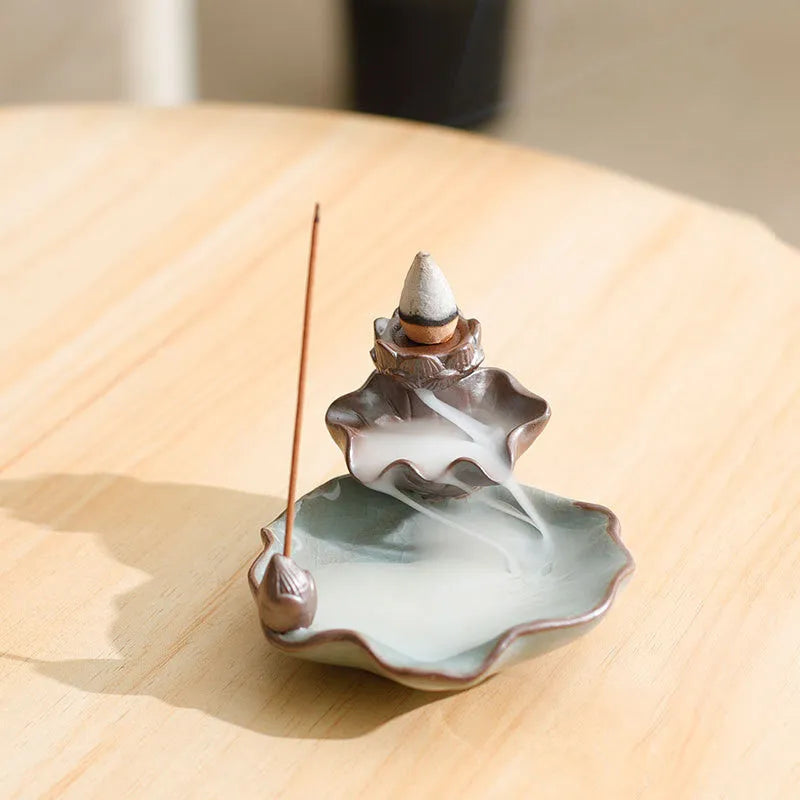 Square purple clay ceramic incense burner with reverse flow design and lotus decoration