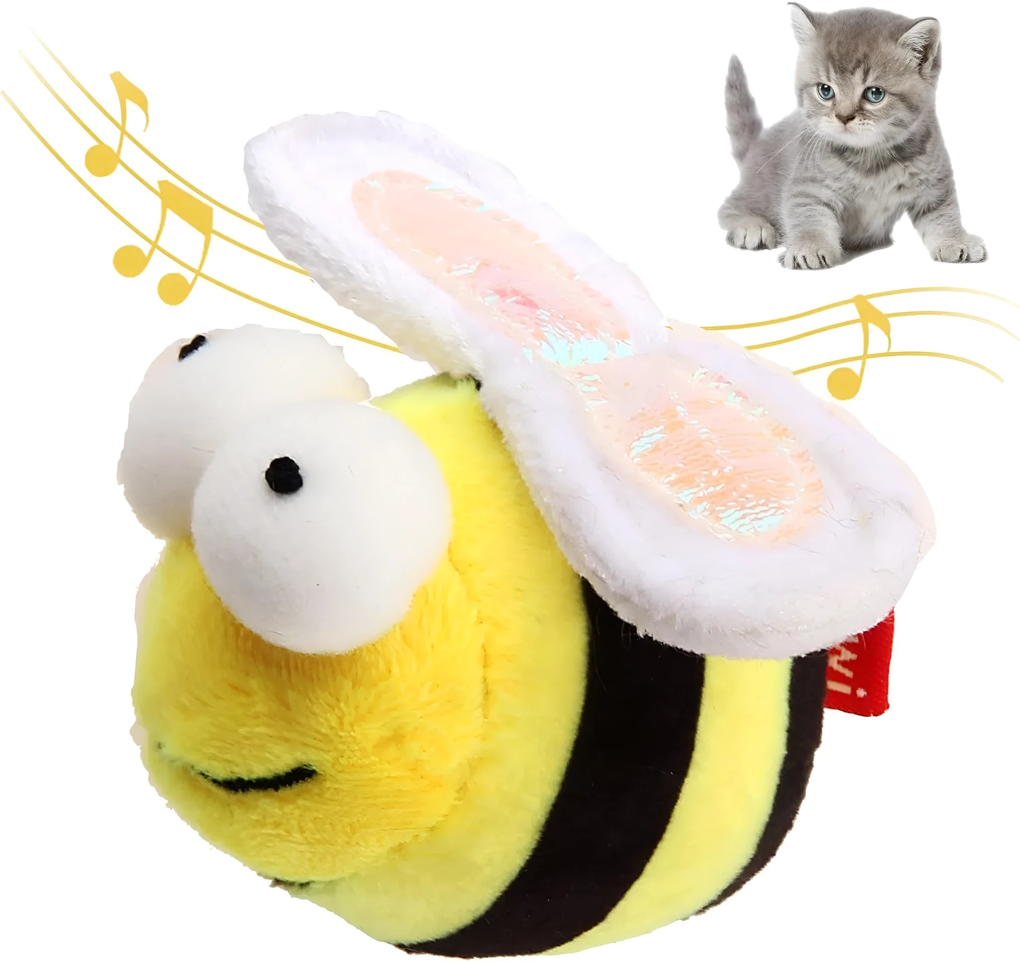 Yellow bee-shaped electronic cat toy with motion-activated chirping sounds for indoor play