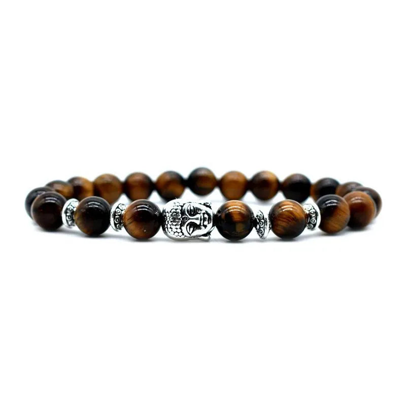 Bracelet with 19mm Buddha head beads in five stone options including amethyst and tiger eye