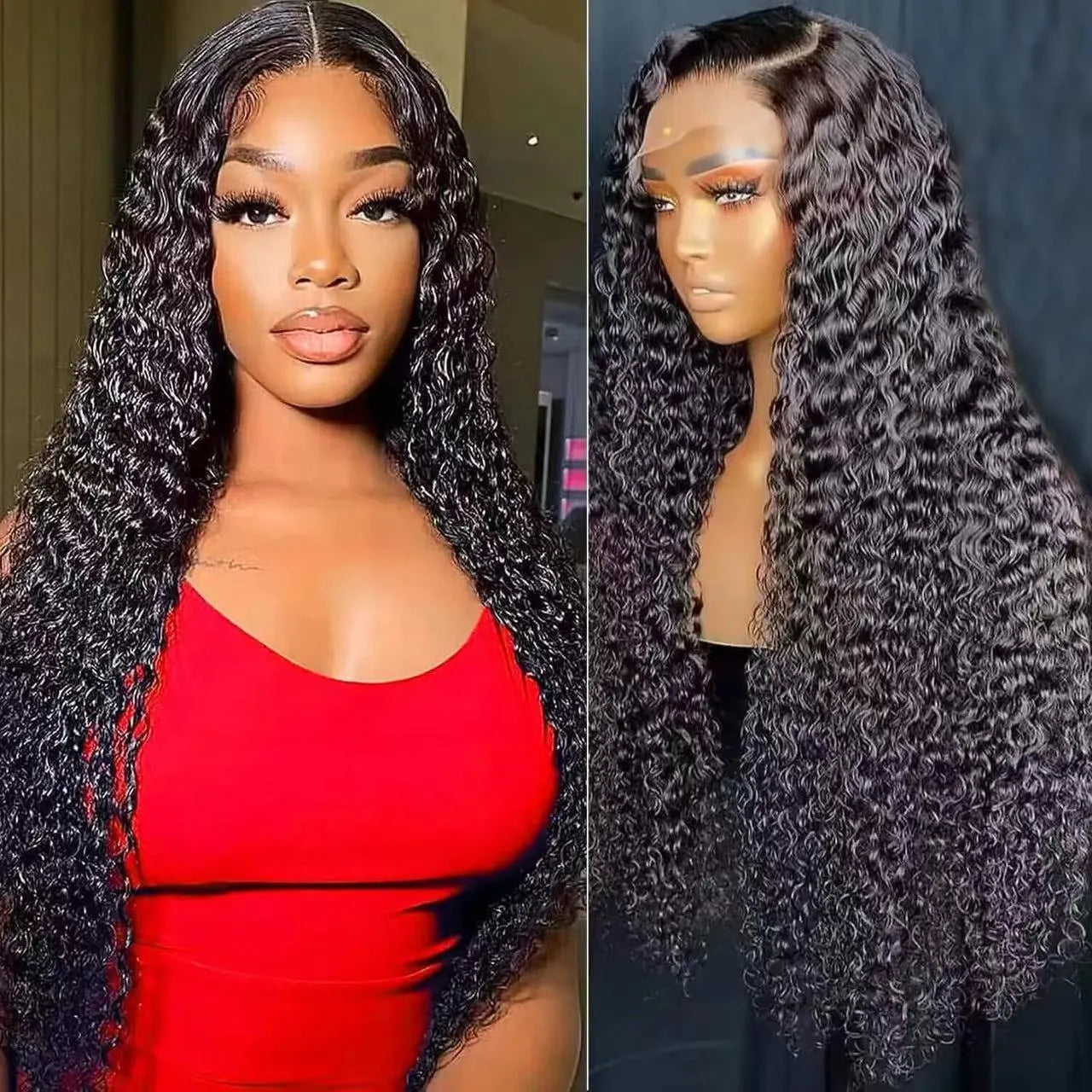 Fluffy big wave half headgear wig in a dark colour with long curly hair and side bangs