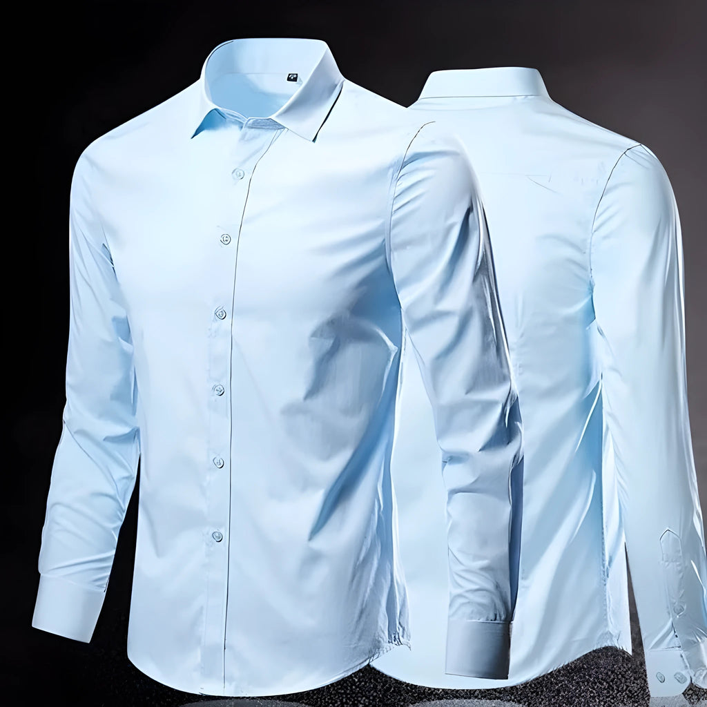 Simple trendy long-sleeve slim linen shirt in loose fit available in multiple colours including black brown and navy blue
