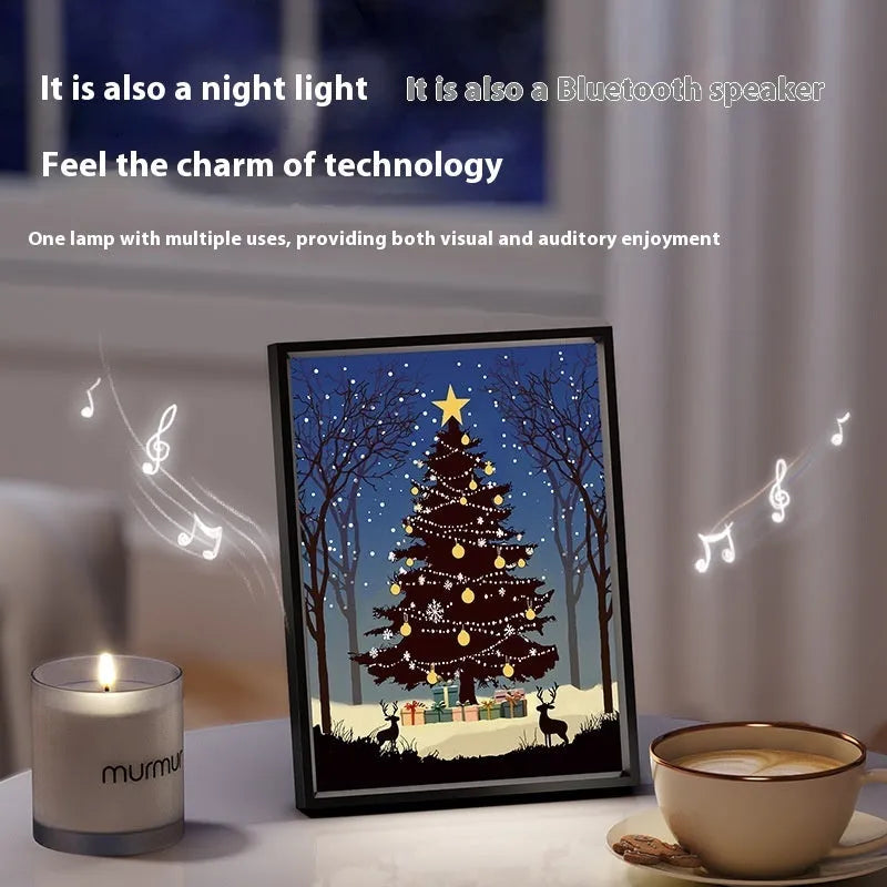 Christmas tree painting Bluetooth speaker desktop ornament with aluminium alloy frame, shiny colour, USB power, 18x24cm.