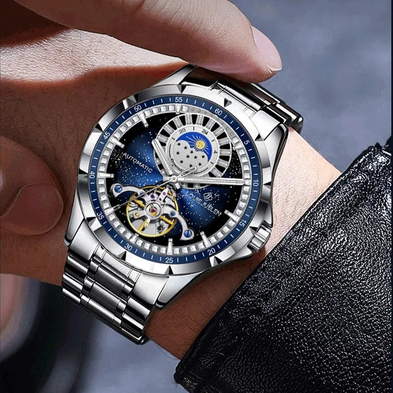Automatic mechanical men's watch with silver alloy case, blue dial, and stainless steel bracelet