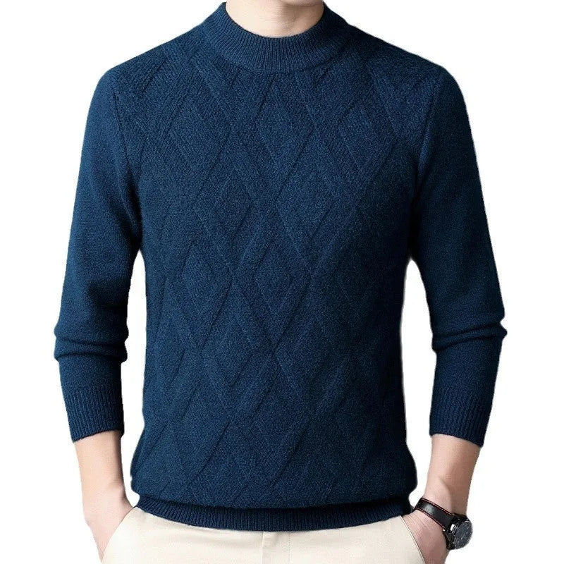 Men's winter thicken thermal plus size sweater in diamond jacquard wool blend pullover
