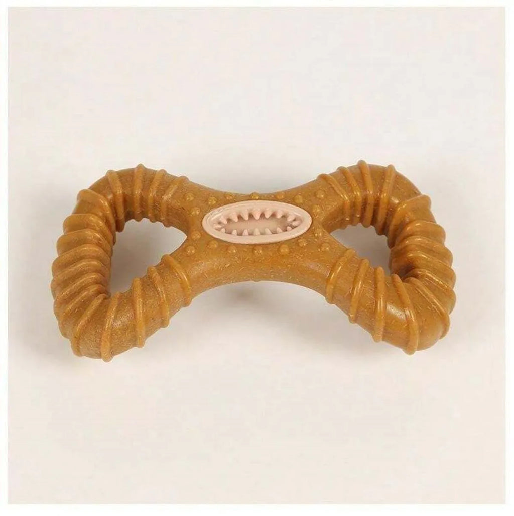 White plastic dog chew toy showing 8 shape and Y shape designs, 18 cm long
