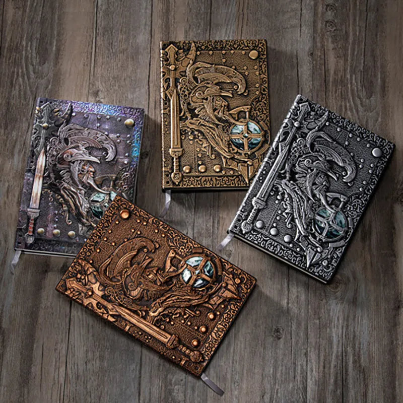 A5 leather notebook with an embossed 3D warriors relief design on the cover, shown open on paper pages.