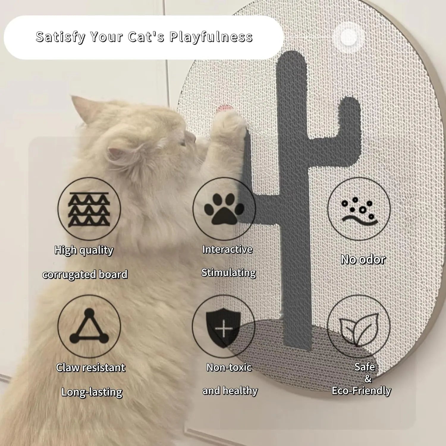 Wall mounted vertical cat scratch pad made of corrugated cardboard on a home wall