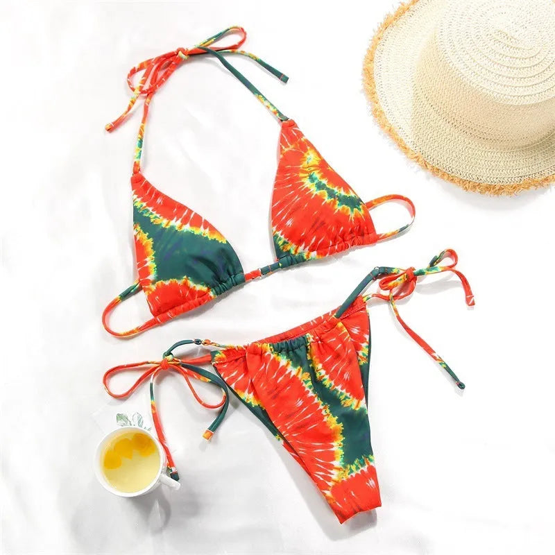 Women's polka dot print split swimsuit bikini with triangle briefs and V-neck design