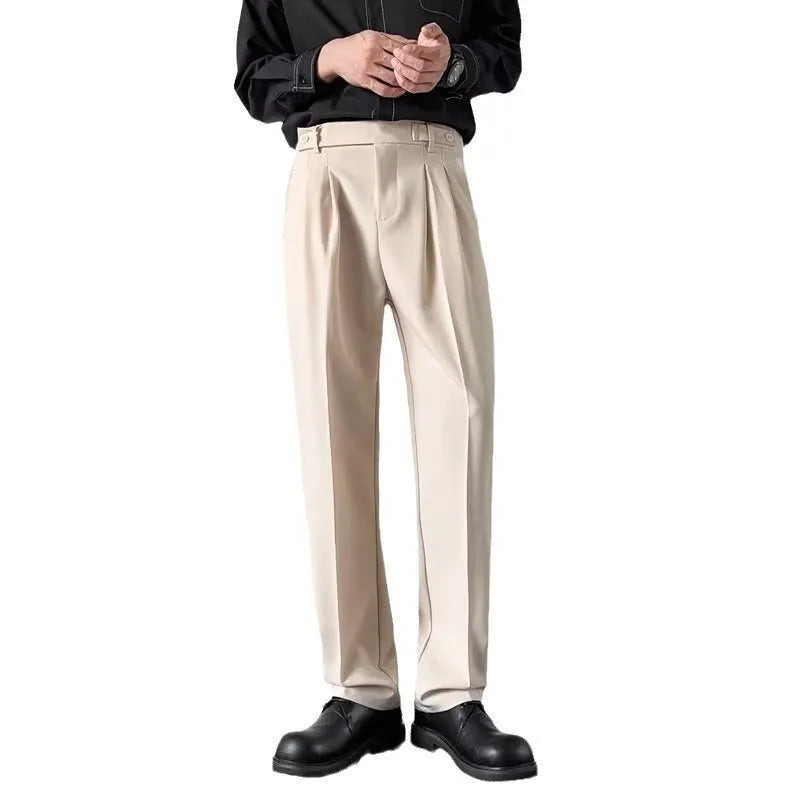 Men's straight loose fit suit pants in apricot and black colours.