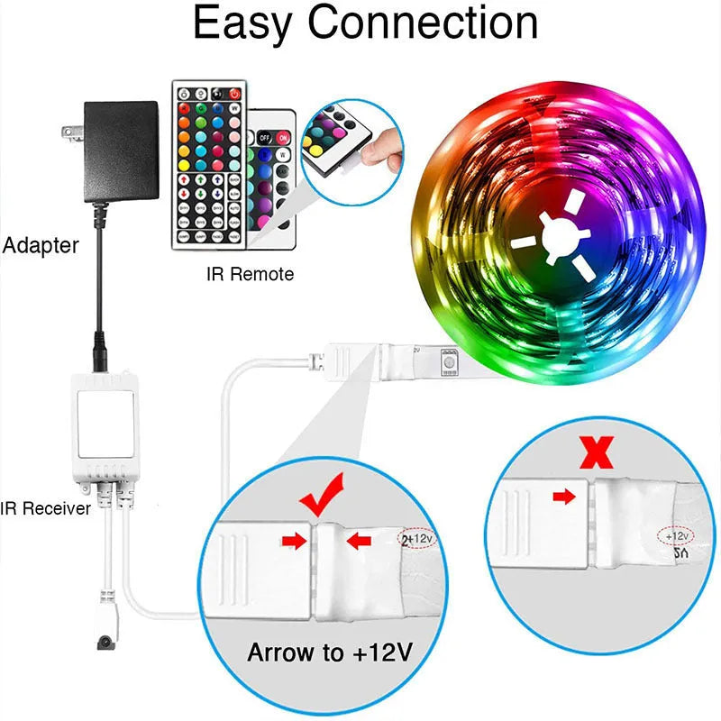 Bluetooth-controlled RGB LED strip light with remote and smartphone app