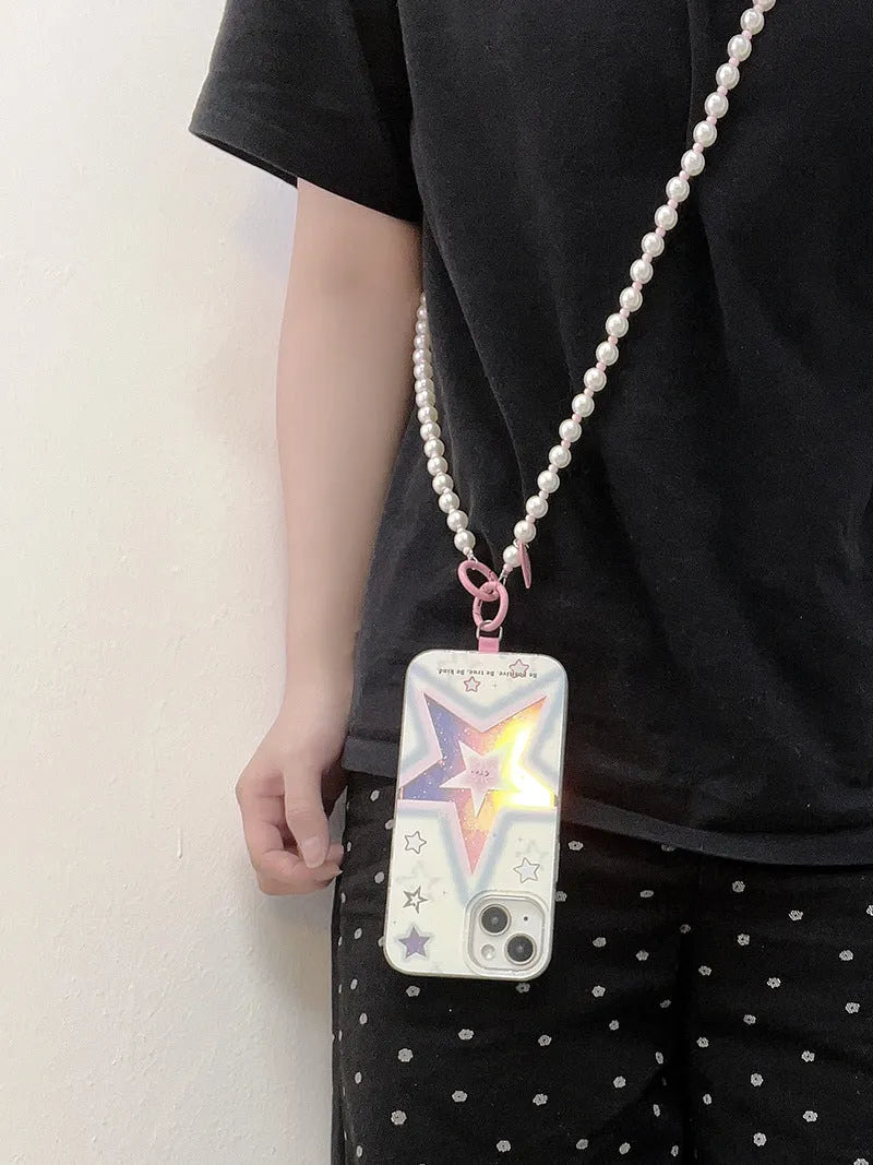 Pink pearl bead mobile phone lanyard with crossbody shoelace and wrist strap on white background