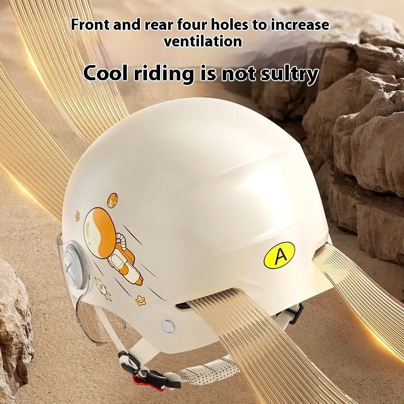 Khaki electric motorcycle half helmet with long visor showing ABS construction and free size fit