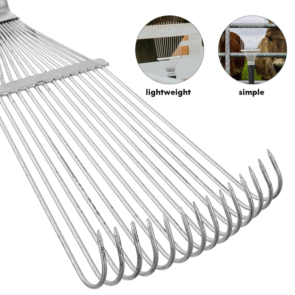 Stainless steel dematting brush rake comb for grooming horses and dogs on a wooden surface