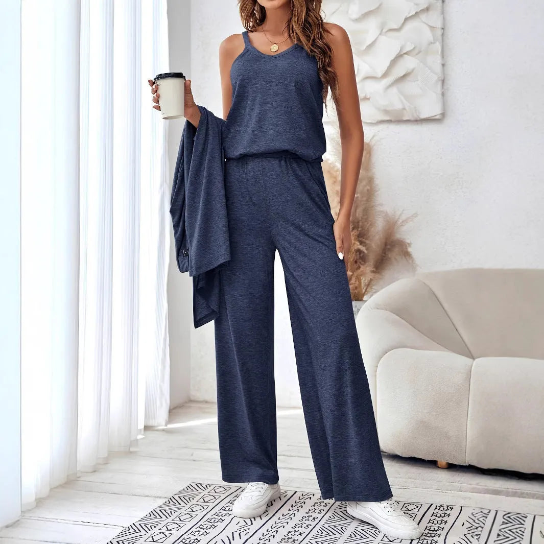 Blue women's three-piece casual suit with trousers, sling top, and long cardigan in Japanese Korean style