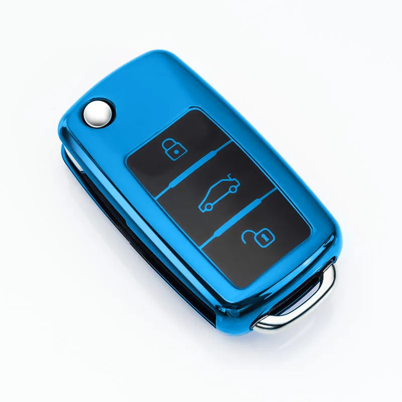 TPU protective car key case with buckle for VW Model A folding remote in blue, pink, red, and silver colours.